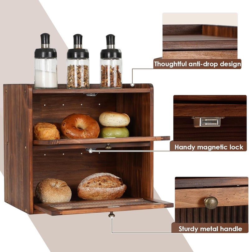 Sunhoo Bread Box for Kitchen Countertop Wooden Bread Storage Container Bin 2 Layer Breadbox Holder Large Capacity Keeper Vintage Farmhouse Food Organizer Pantry Shelf Acrylic Window（Black） - Image 4